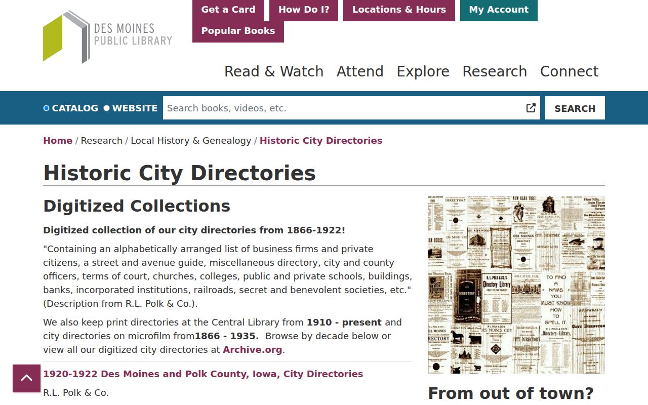 Des Moines Public Library historic city directories collection page