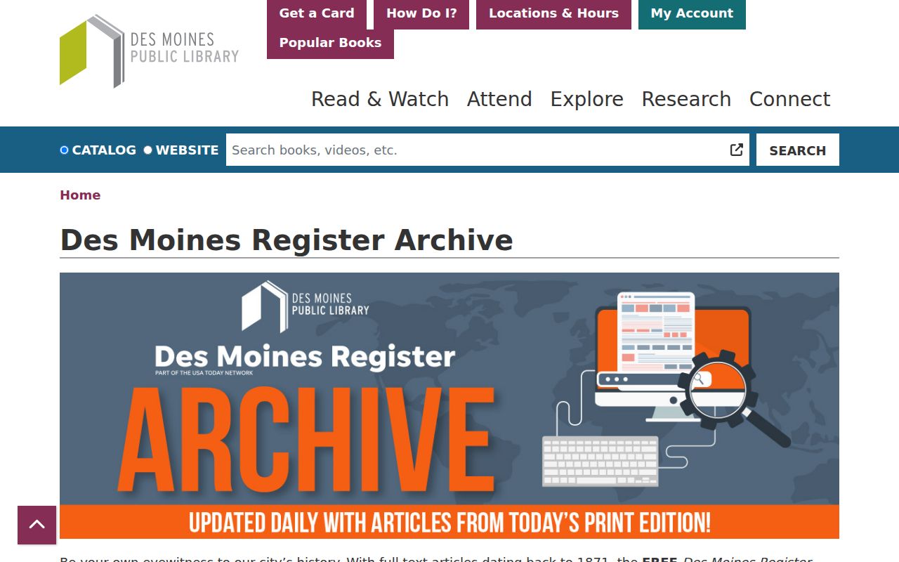 Des Moines city directory historical archive access page