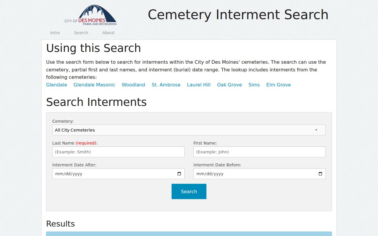 Des Moines street directory cemetery interment search form