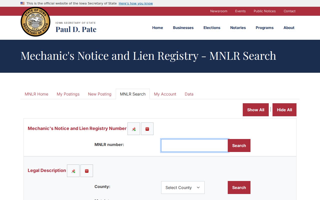 Iowa mechanics lien search with Des Moines postal and address fields